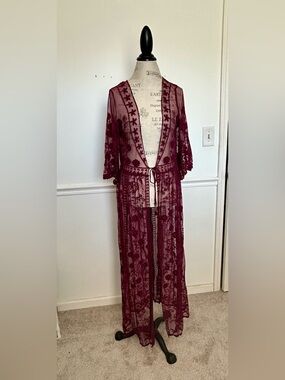 She + Sky Burgundy Floral Lace Sheer Duster